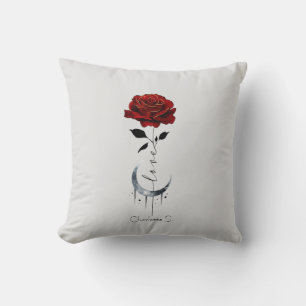 Tattoo-Style Red Rose & Crescent Moon with "Love" Cushion