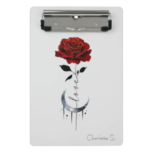 Tattoo-Style Red Rose & Crescent Moon with "Love" Mini Clipboard