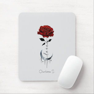 Tattoo-Style Red Rose & Crescent Moon with "Love" Mouse Mat