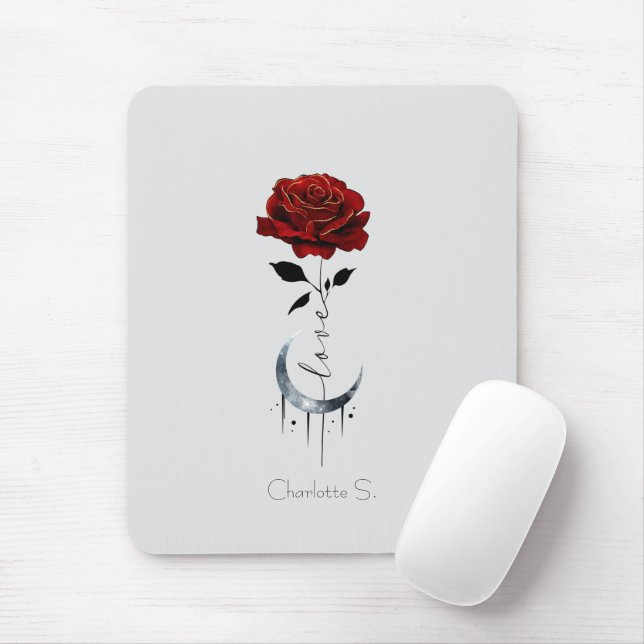 Tattoo-Style Red Rose & Crescent Moon with "Love" Mouse Mat (With Mouse)