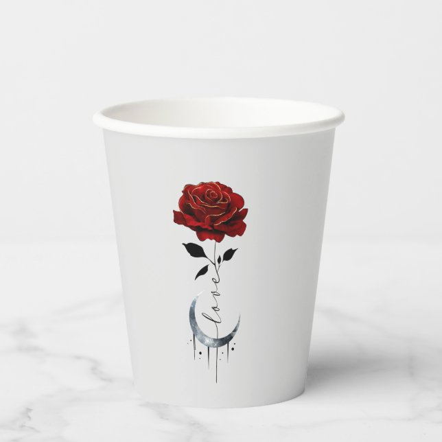 Tattoo-Style Red Rose & Crescent Moon with "Love" Paper Cups (Front)