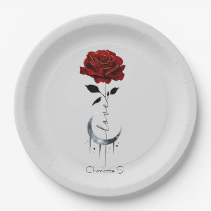 Tattoo-Style Red Rose & Crescent Moon with "Love" Paper Plate