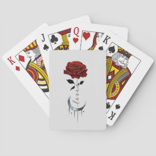 Tattoo-Style Red Rose & Crescent Moon with "Love" Playing Cards