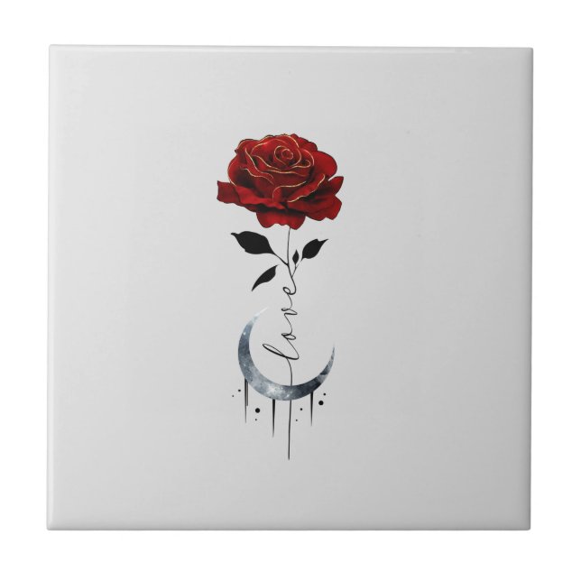Tattoo-Style Red Rose & Crescent Moon with "Love" Tile (Front)