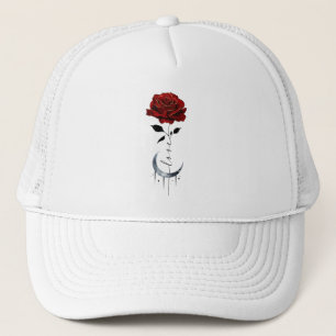 Tattoo-Style Red Rose & Crescent Moon with "Love" Trucker Hat