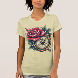 Tattoo-Style Rose and Compass T-Shirt Design