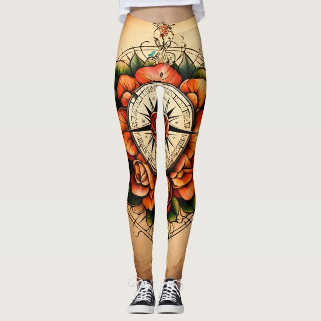 Tattoo style rose compass beautiful evoking spirit leggings (Front)