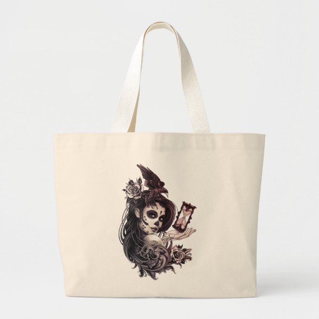 Tattoo Style Sugar Skull Girl with Bird Tote Bag (Front)