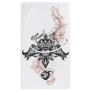 Tattoo stylish heart, wings and crown small gift bag