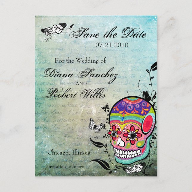Tattoo Sugar Skull Save the Date Announcement Postcard (Front)