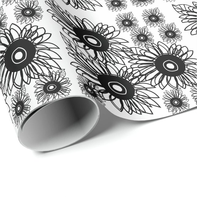 Tattoo Sunflower Floral Black White Tattoo Flower Wrapping Paper (Roll Corner)