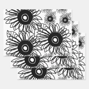 Tattoo Sunflower Floral Black White Tattoo Flower Wrapping Paper Sheet