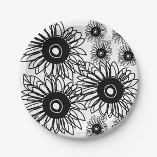 Tattoo Sunflower Floral Black White Tattoo Paper Plate
