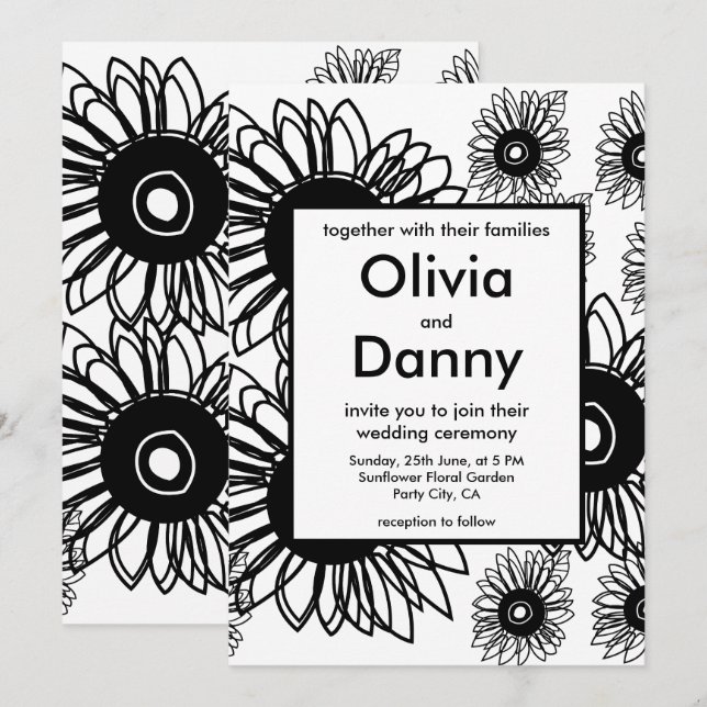 Tattoo Sunflower Floral Black White Tattoo Wedding Invitation (Front/Back)