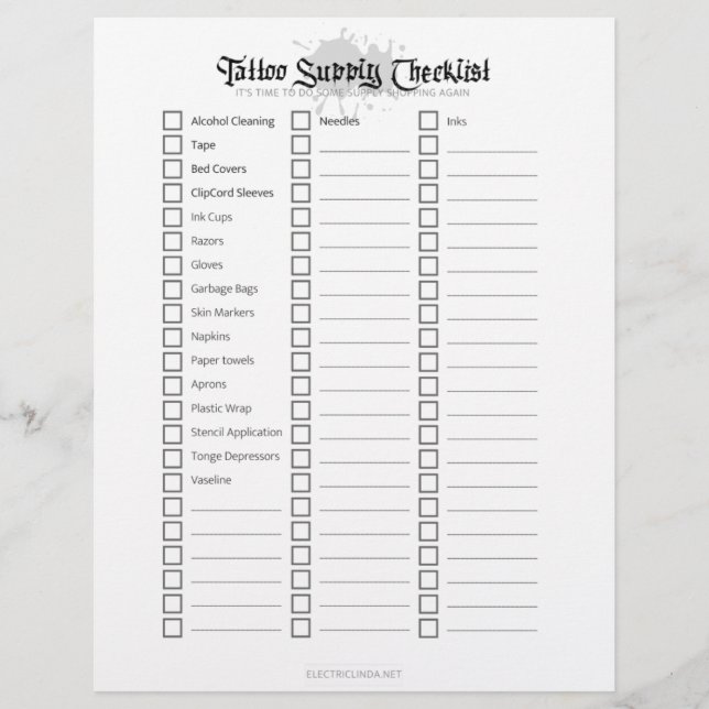 Tattoo Supply Checklist (Front)