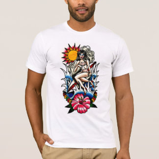 Tattoo Surfer Pin-up Girl with Hibiscus Flower T-Shirt