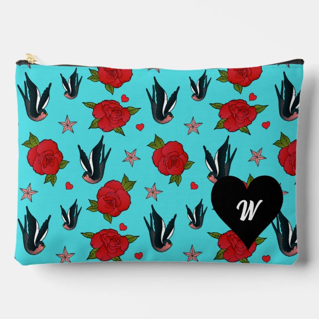 Tattoo Swallow Birds and Roses Monogram Accessory Pouch (Front)