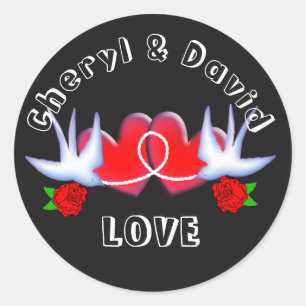 Tattoo Swallow Love Hearts And Roses Red Black Classic Round Sticker
