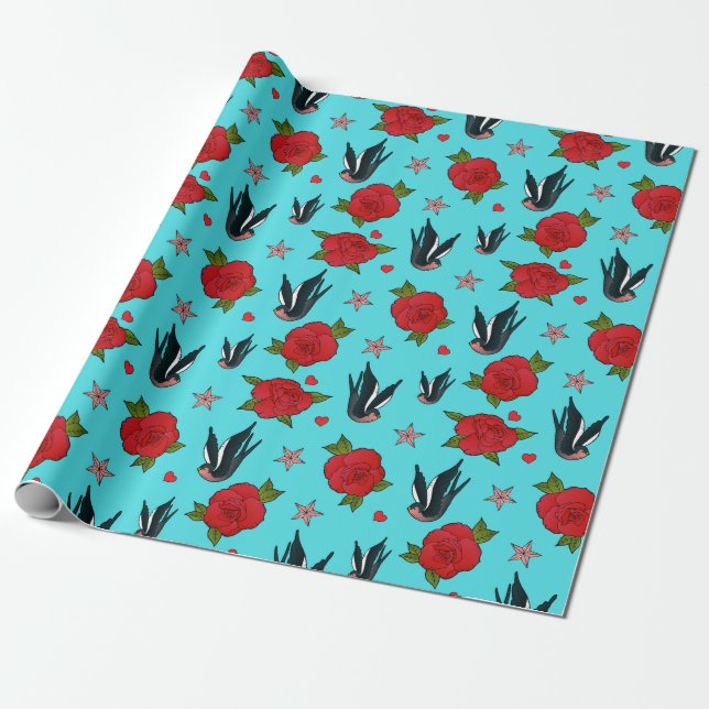 Tattoo Swallows and Roses Rockabilly Birthday Wrapping Paper (Unrolled)