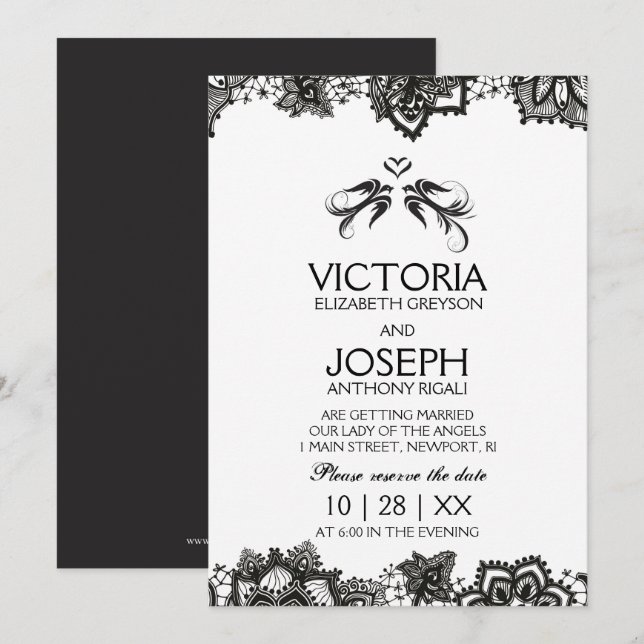 Tattoo Wedding Invite ~ Black Birds & Lace (Front/Back)