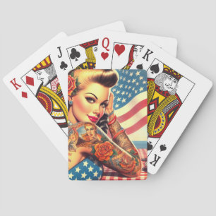 Tattooed American Girl Playing Cards