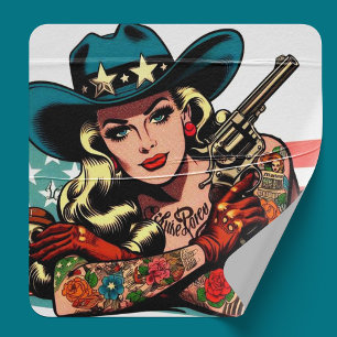 Tattooed Cowgirl Pin-up Square Sticker