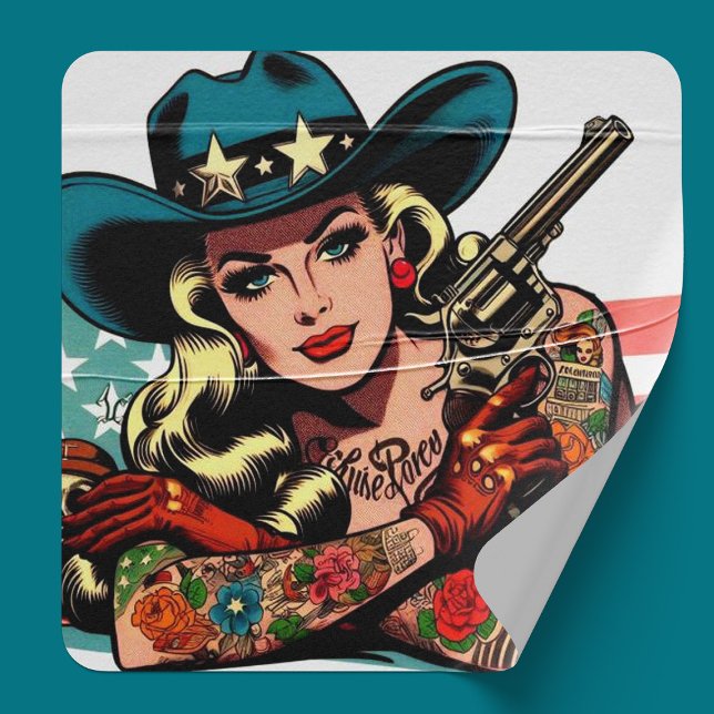 Tattooed Cowgirl Pin-up Square Sticker (Creator Uploaded)