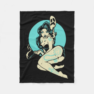 Tattooed Goth Pin-up Girl Horror Ghost Moon Rockab Fleece Blanket
