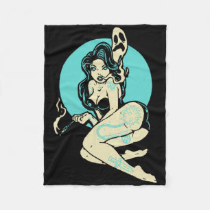 Tattooed Goth Pin-up Girl Horror Ghost Moon Rockab Fleece Blanket