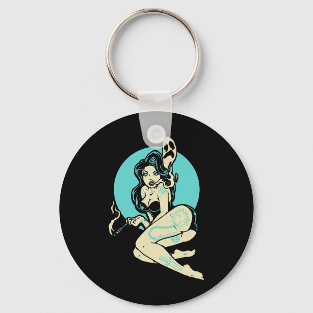 Tattooed Goth Pin-up Girl Horror Ghost Moon Rockab Key Ring (Front)