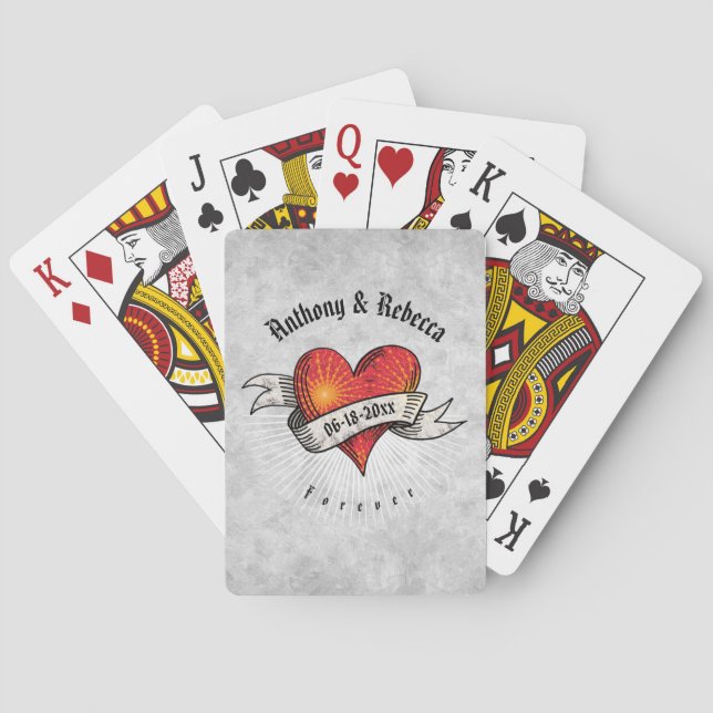 Tattooed Hearts Monogrammed Names Playing Cards (Back)
