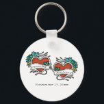 Tattooed Hearts, Tattoo Graphic Wedding Key Ring<br><div class="desc">Create a custom wedding party favour or small gift with this keychain. It features tattoo style graphics with retro style hearts in red with blue flower accents that are ready to be personalised with the name of the bride and groom.</div>