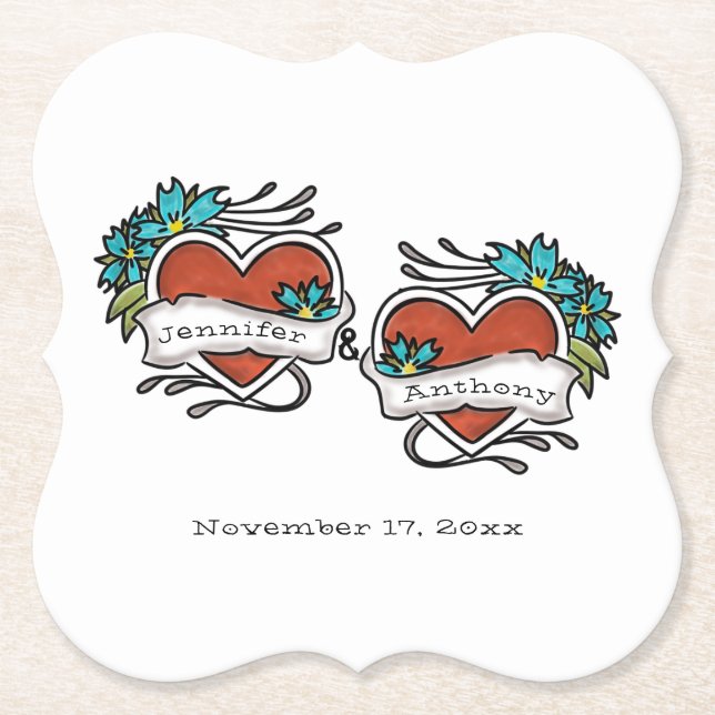 Tattooed Hearts, Tattoo Graphic Wedding Paper Coaster (Front)