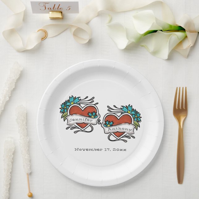 Tattooed Hearts, Tattoo Graphic Wedding Paper Plate (Wedding)