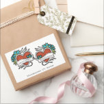Tattooed Hearts, Tattoo Graphic Wedding Rectangular Sticker<br><div class="desc">These custom stickers are perfect for decorating wedding party favours and other party supplies. They feature tattoo style graphics with retro style hearts in red with blue flower accents that are ready to be personalised with the name of the bride and groom. The freehand style tattooed graphic has a retro...</div>