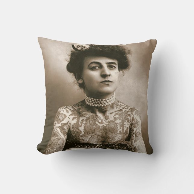 Tattooed Lady w/ Pearls Throw Pillow 20" Vintage (Front)