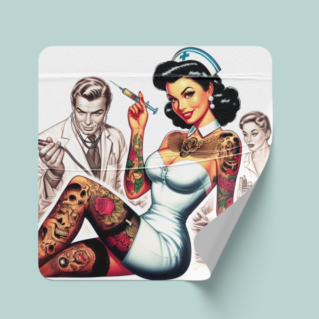 Tattooed Nurse Pin-up Square Sticker (Creator Uploaded)