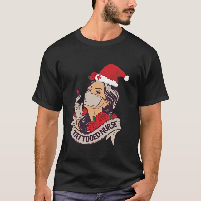 Tattooed Nurse RN Christmas Santa Hat Nurse Practi T-Shirt (Front)