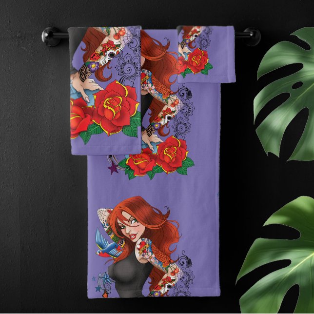 Tattooed Redhead Woman Sleeves Purple Bath Towel Set (Creator Uploaded)