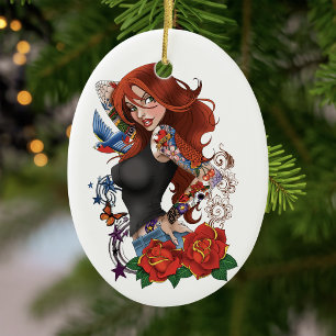 Tattooed Redhead Woman Sleeves Purple Ceramic Tree Decoration