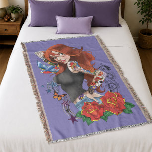 Tattooed Redhead Woman Sleeves Purple Throw Blanket