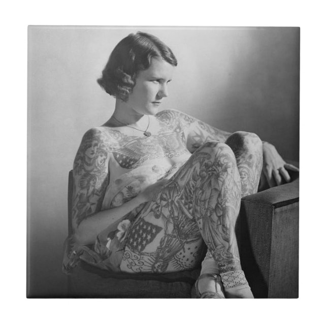 Tattooed Sailor Girl Vintage B&W photo  Tile (Front)