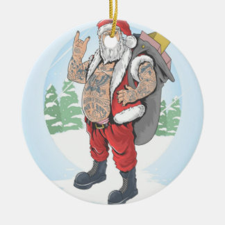 TATTOOED SANTA CLAUS CARRIES A GIFT BAG CERAMIC TREE DECORATION