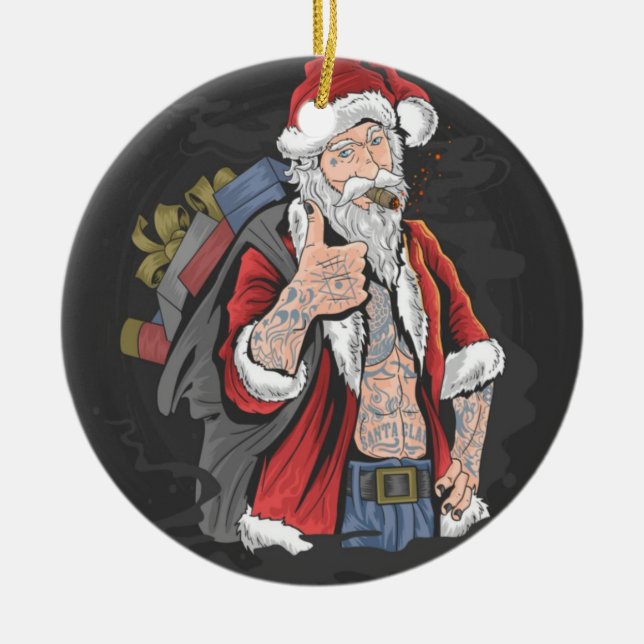 TATTOOED SANTA CLAUS GIVING THUMBS UP CERAMIC TREE DECORATION (Front)
