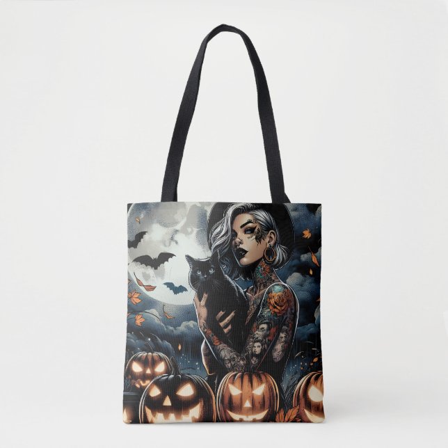 Tattooed Witch and Black Cat Full Moon Halloween Tote Bag (Front)