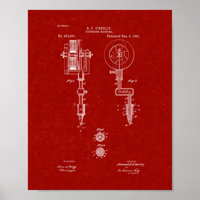Tattooing Machine Patent - Burgundy Red Poster (Front)