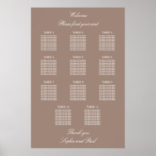 Taupe 11 Table Wedding Seating Chart Poster