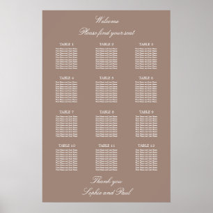 Taupe 12 Table Wedding Seating Chart Poster