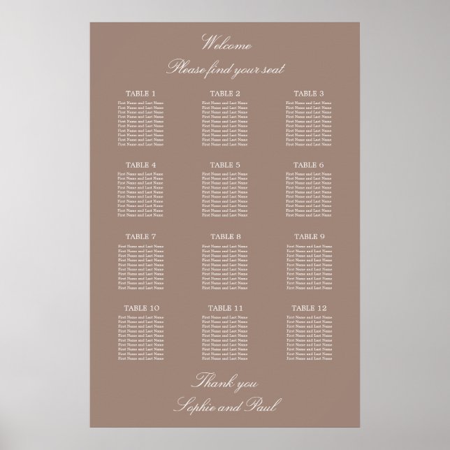 Taupe 12 Table Wedding Seating Chart Poster (Front)