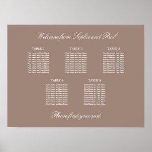 Taupe 5 Table Wedding Seating Chart Poster